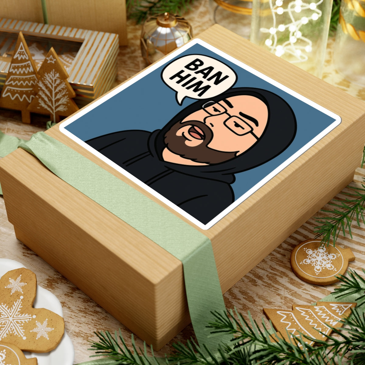 Funny Ban Him Kiss-Cut Stickers, Laptop Decor, Humor Gift, Vinyl Decals, Trendy Stickers for Gamers, Chat Room Stickers